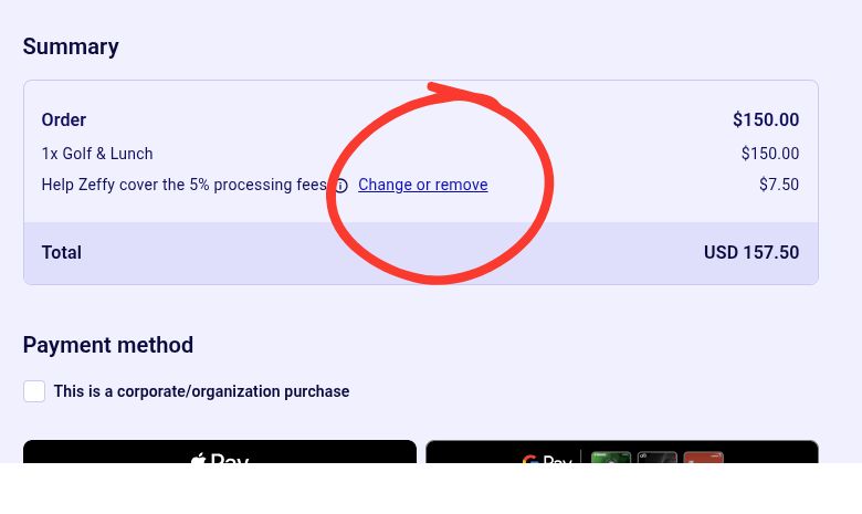 Zeffy Summary screen showing Change or Remove for adjusting the tip amount